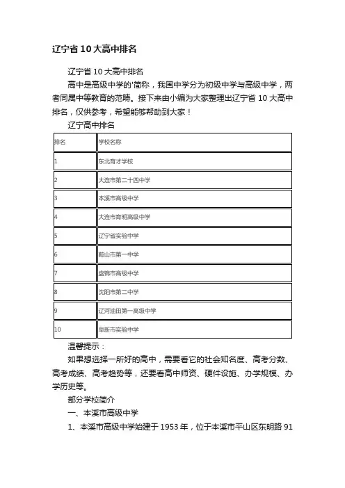 辽宁省10大高中排名