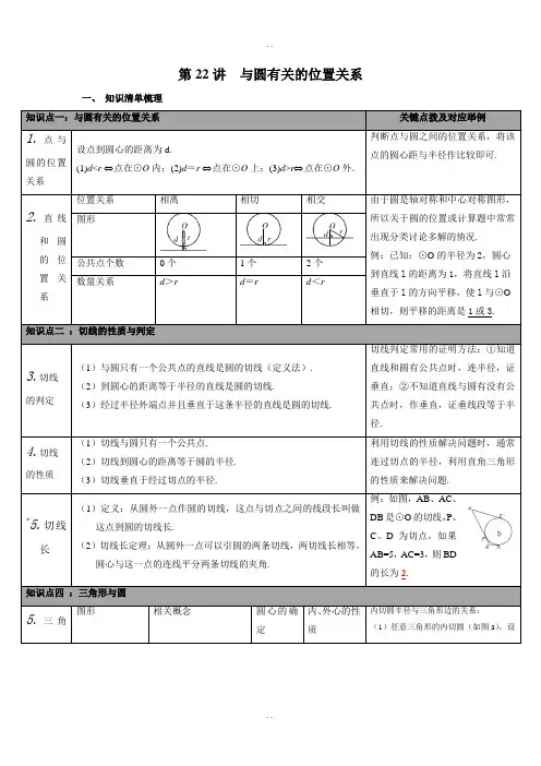 【人教版】精选九年级数学下册：全册中考知识点梳理-第22讲 与圆有关的位置关系