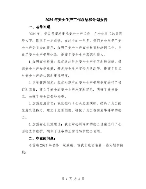2024年安全生产工作总结和计划报告