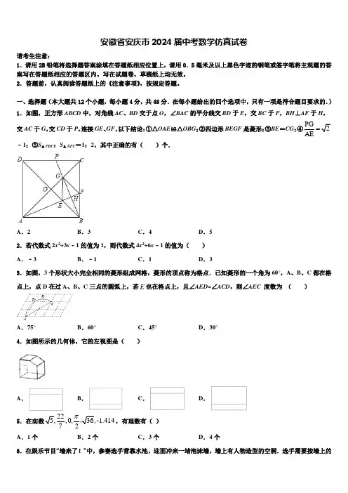 安徽省安庆市2024届中考数学仿真试卷含解析