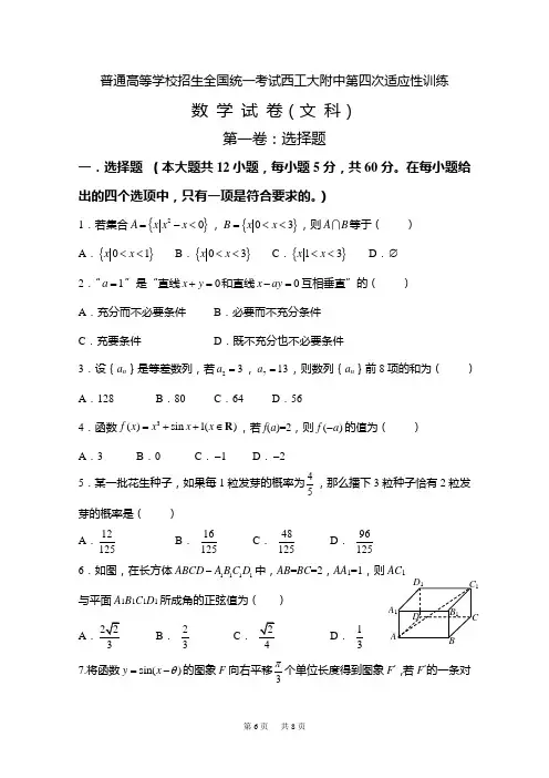 高三文科数学第四次适应性训练试题及答案