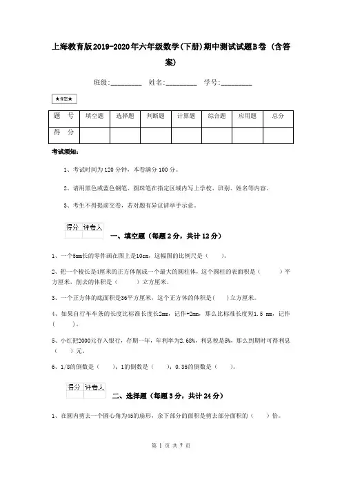 上海教育版2019-2020年六年级数学(下册)期中测试试题B卷 (含答案)