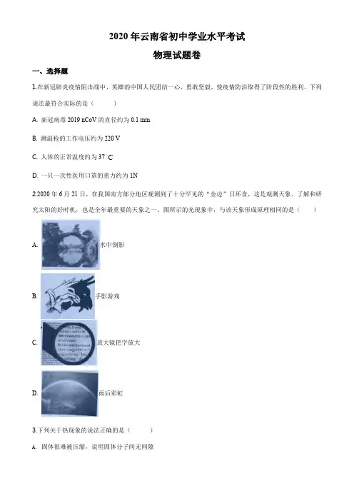 精品解析：2020年云南省中考物理试题(原卷版)
