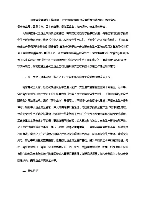 山东省安监局关于推进化工企业自动化的文件