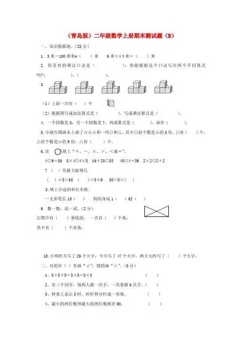 二年级数学上册 期末测试题(B)(无答案) 青岛版