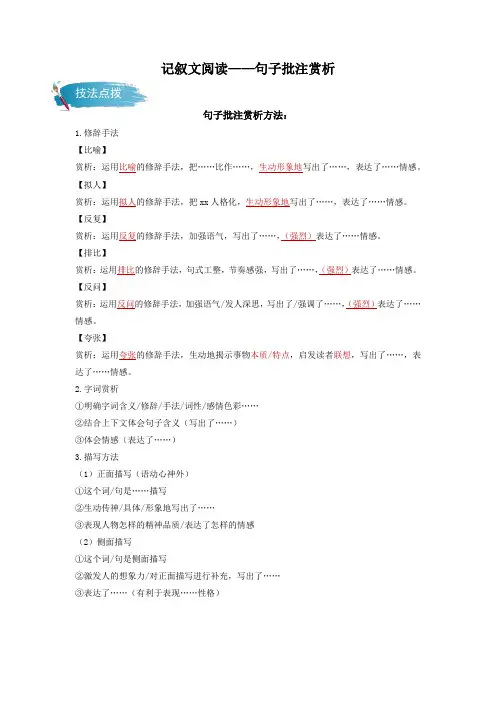 中考语文一轮专题复习：记叙文阅读——句子批注赏析+