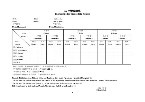 学生成绩单模版(中英文合板)