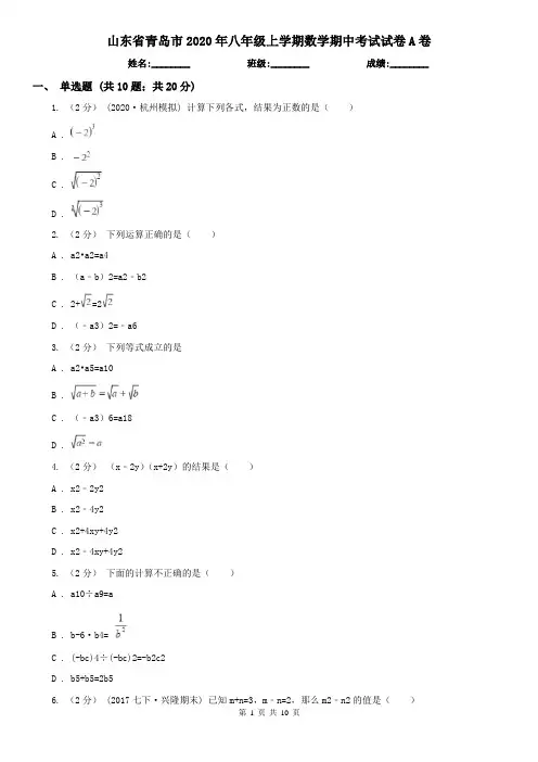 山东省青岛市2020年八年级上学期数学期中考试试卷A卷