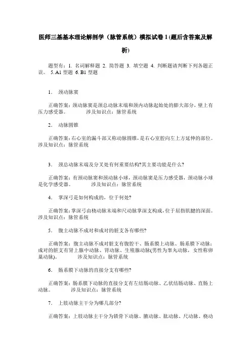 医师三基基本理论解剖学(脉管系统)模拟试卷1(题后含答案及解析)