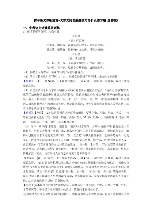 初中语文诗歌鉴赏+文言文阅读解题技巧分析及练习题(含答案)