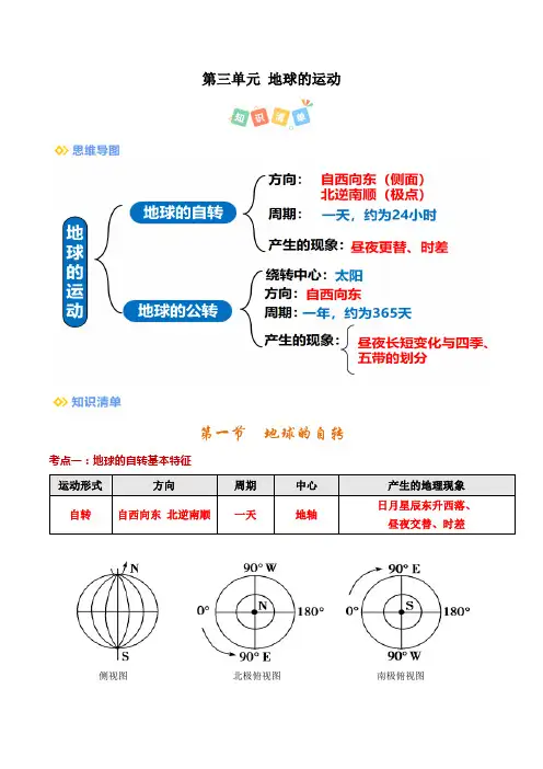 第三单元 地球的运动(考点清单)(背记版)