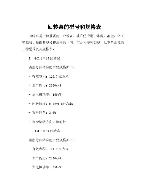 回转窑的型号和规格表