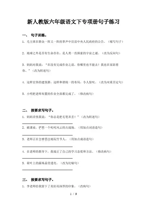 新人教版六年级语文下专项册句子练习