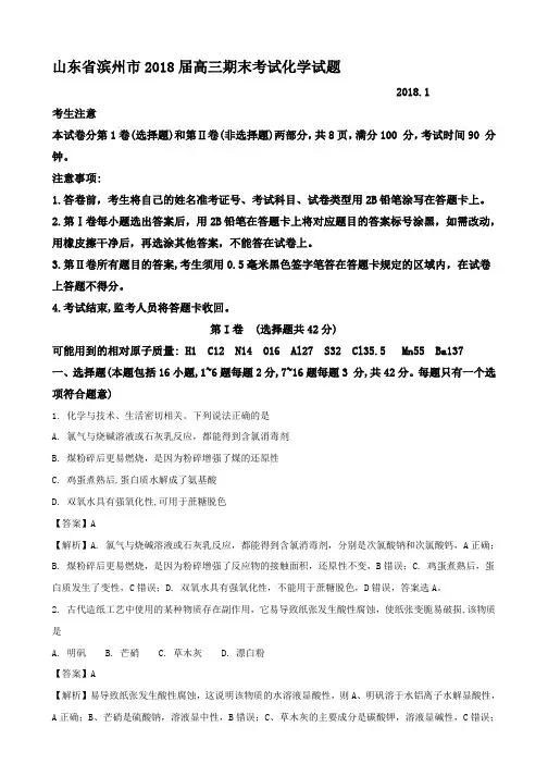 山东省滨州市2018届高三上学期期末考试化学试题含解析