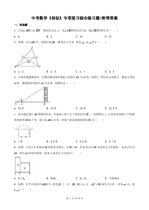 中考数学《相似》专项复习综合练习题-附带答案