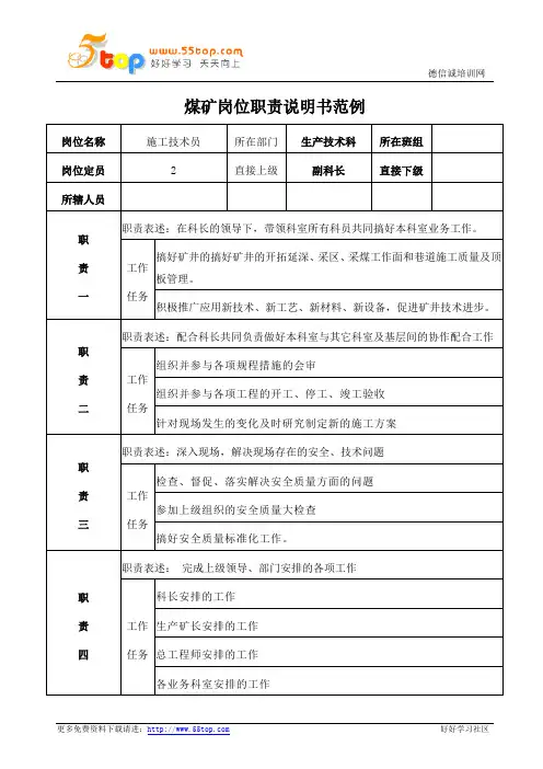 煤矿生产技术科施工技术员岗位职责说明书