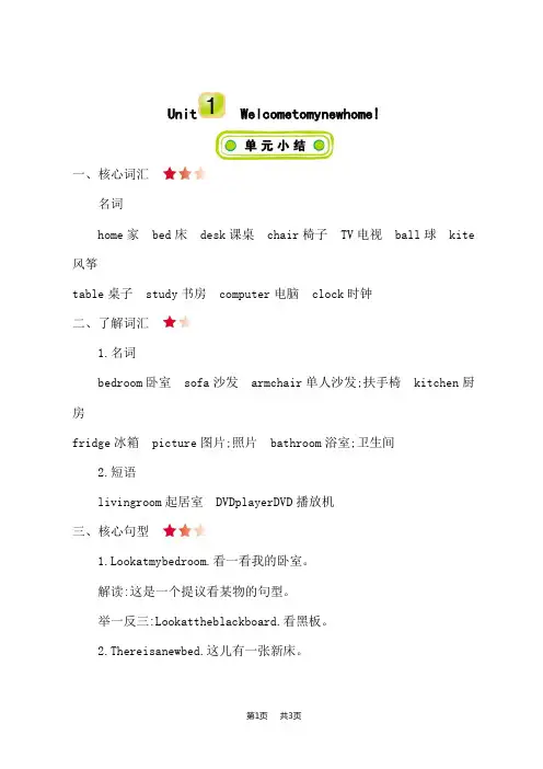 精通版四年级下册英语Unit 1 Welcome to my new home   知识清单
