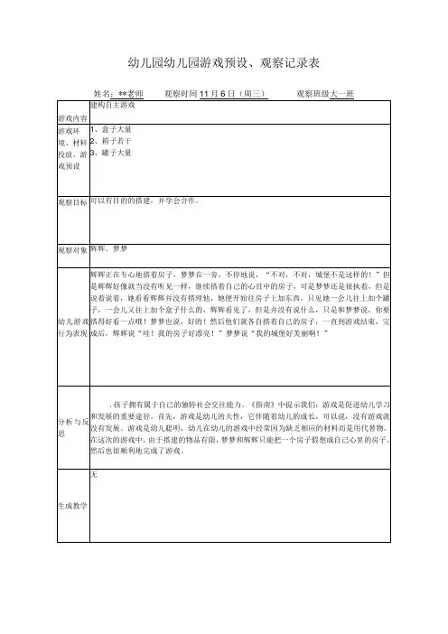 幼儿园幼儿园游戏预设观察记录表建构自主游戏