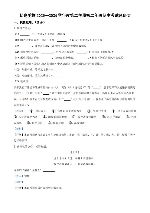 广东省揭阳市普宁市勤建学校2023-2024学年八年级下学期期中语文试题(解析版)