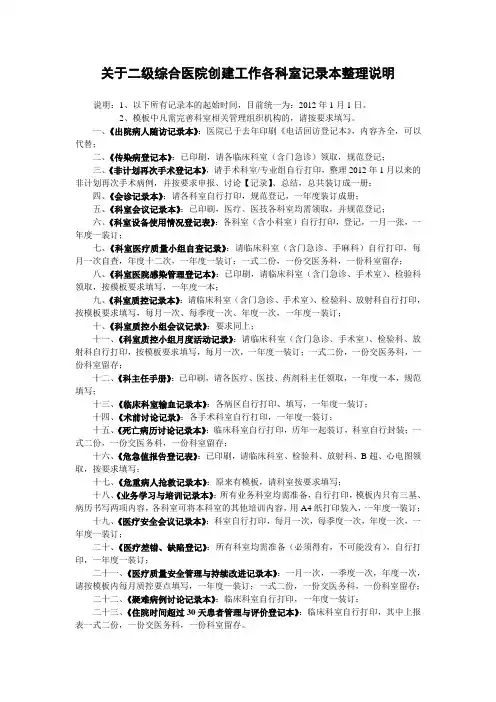 关于二级综合医院创建工作各科室记录本整理说明