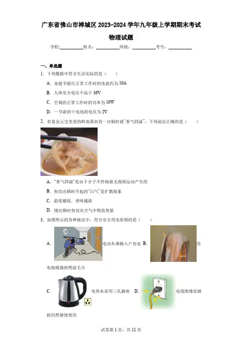 广东省佛山市禅城区2023-2024学年九年级上学期期末考试物理试题