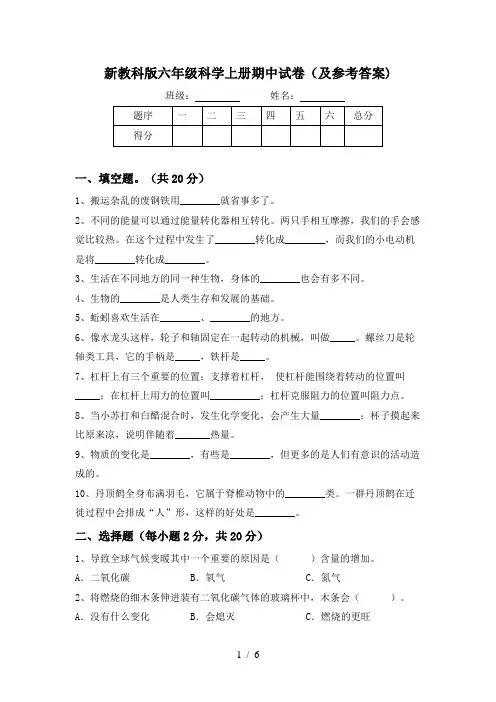 新教科版六年级科学上册期中试卷(及参考答案)