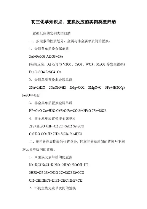 初三化学知识点：置换反应的实例类型归纳