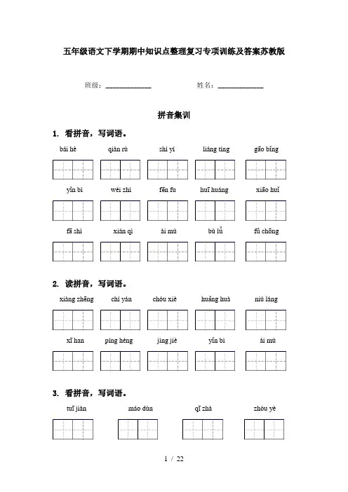 五年级语文下学期期中知识点整理复习专项训练及答案苏教版