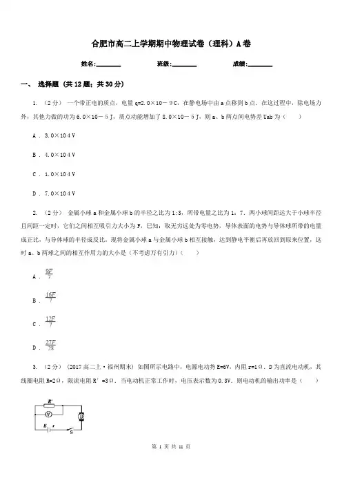 合肥市高二上学期期中物理试卷(理科)A卷