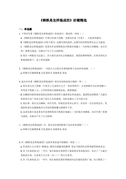 《钢铁是怎样炼成的》好题精选【2024中考必考文学名著考点梳理解析+好题精练】(解析版)