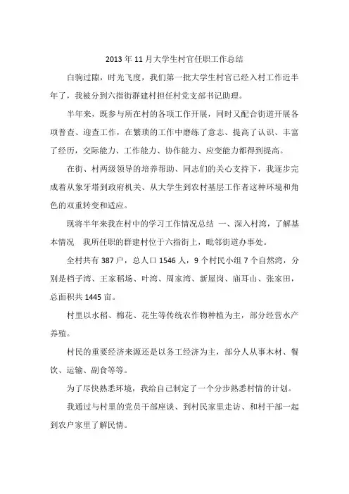 2013年11月大学生村官任职工作总结