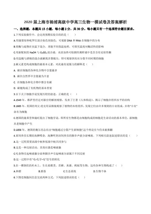 2020届上海市杨浦高级中学高三生物一模试卷及答案解析