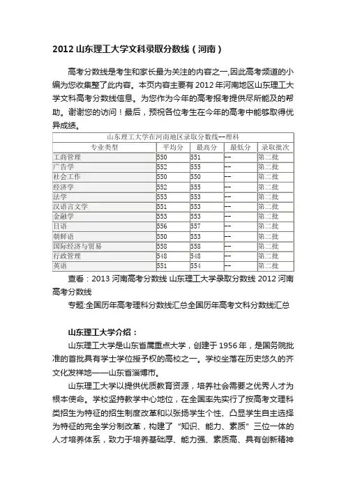 2012山东理工大学文科录取分数线（河南）
