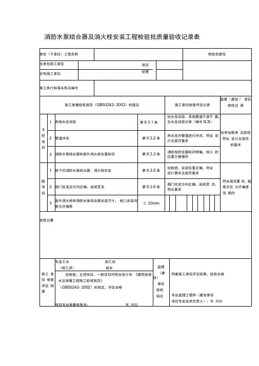 消防水泵结合器及消火栓安装工程检验批质量验收记录表