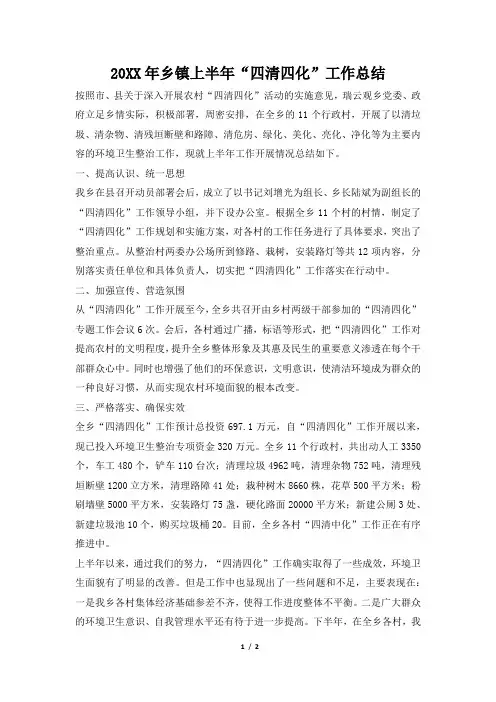 2019年乡镇上半年四清四化工作总结