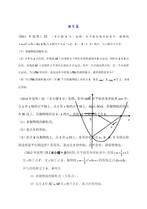 云南省中考数学压轴题及答案