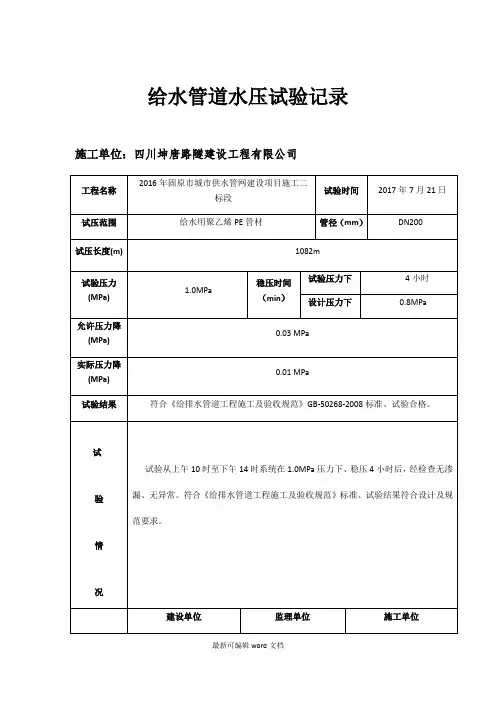 给水管道水压试验记录