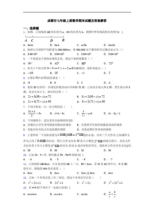 成都市七年级上册数学期末试题及答案解答