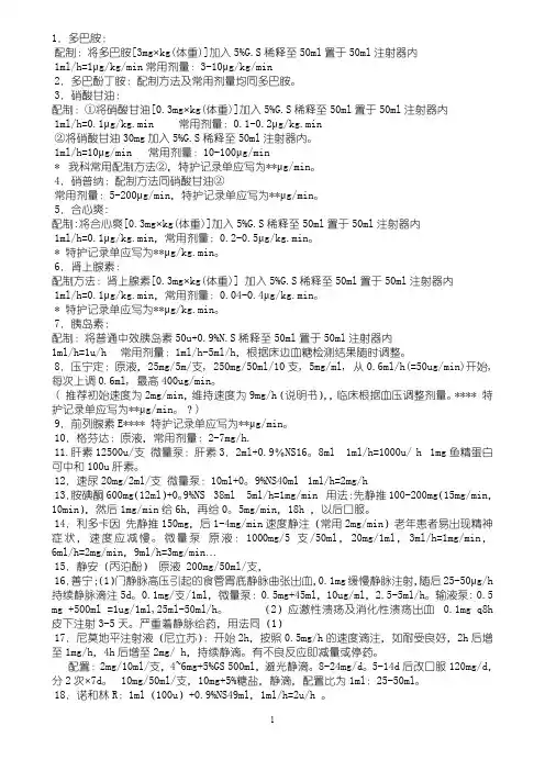 常用静脉泵入药物用法