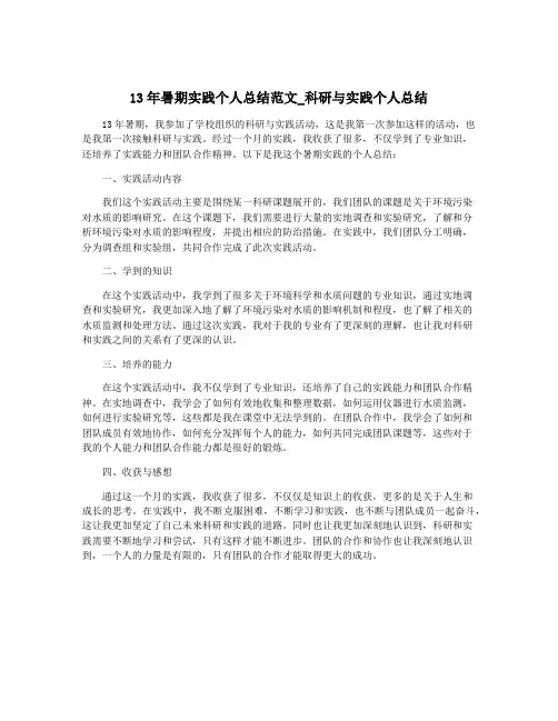 13年暑期实践个人总结范文_科研与实践个人总结