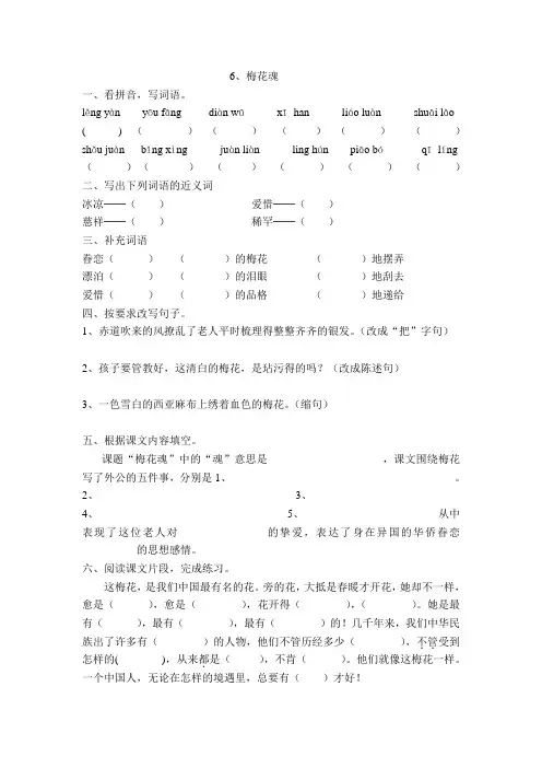人教版五年级语文上册6.梅花魂练习题