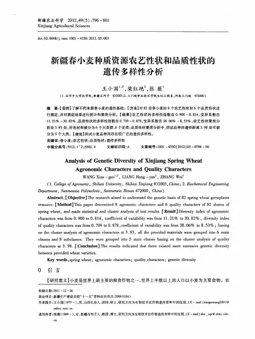 新疆春小麦种质资源农艺性状和品质性状的遗传多样性分析