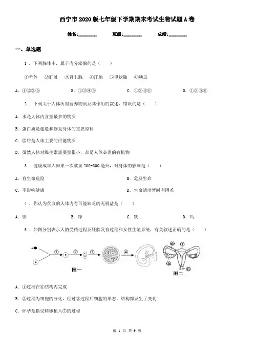 西宁市2020版七年级下学期期末考试生物试题A卷
