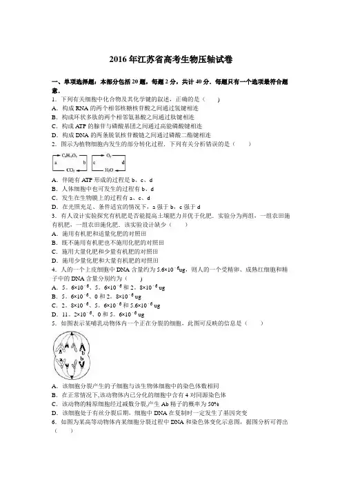 江苏省2016年高考生物压轴试卷 含解析