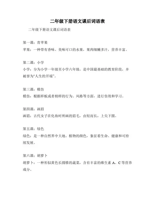 二年级下册语文课后词语表