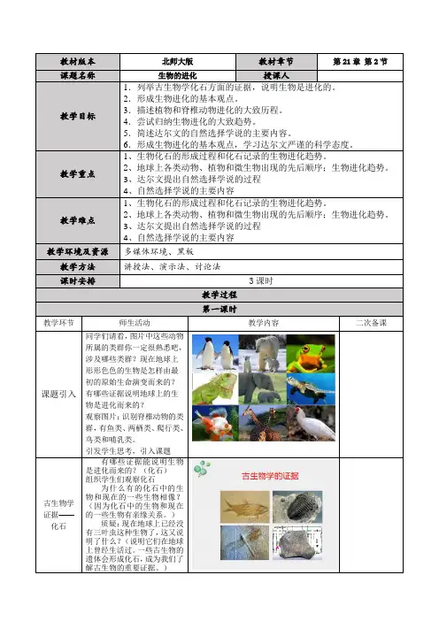 7.21.2生物的进化教学设计(3课时)2022-2023学年北师大版生物八年级下册