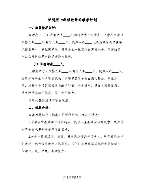 2024年沪科版七年级数学的教学计划（4篇）