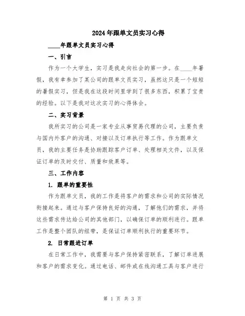 2024年跟单文员实习心得