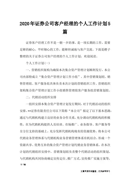 2020年证券公司客户经理的个人工作计划5篇_工作计划