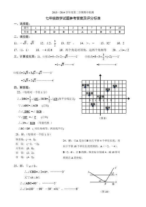 人教版2013-2014学年七年级数学下册期中检测试卷参考答案及评分标准.docx